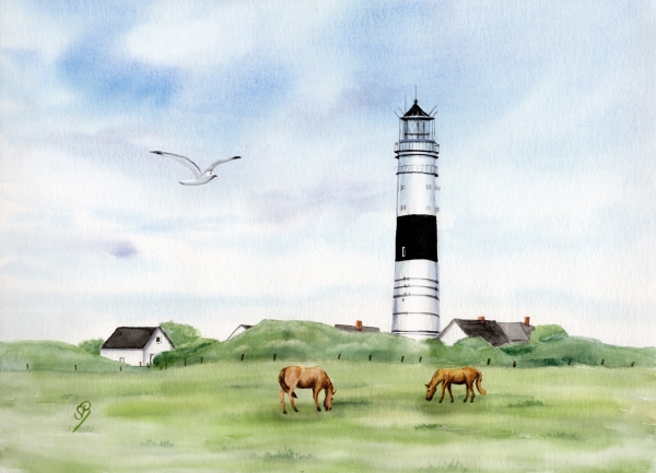 Postkarte DIN-A6  Aquarell Kunst Maritim Druck Kunstdruck  Langer Christian Kampen Sylt Nordsee Meer Strand Dünen